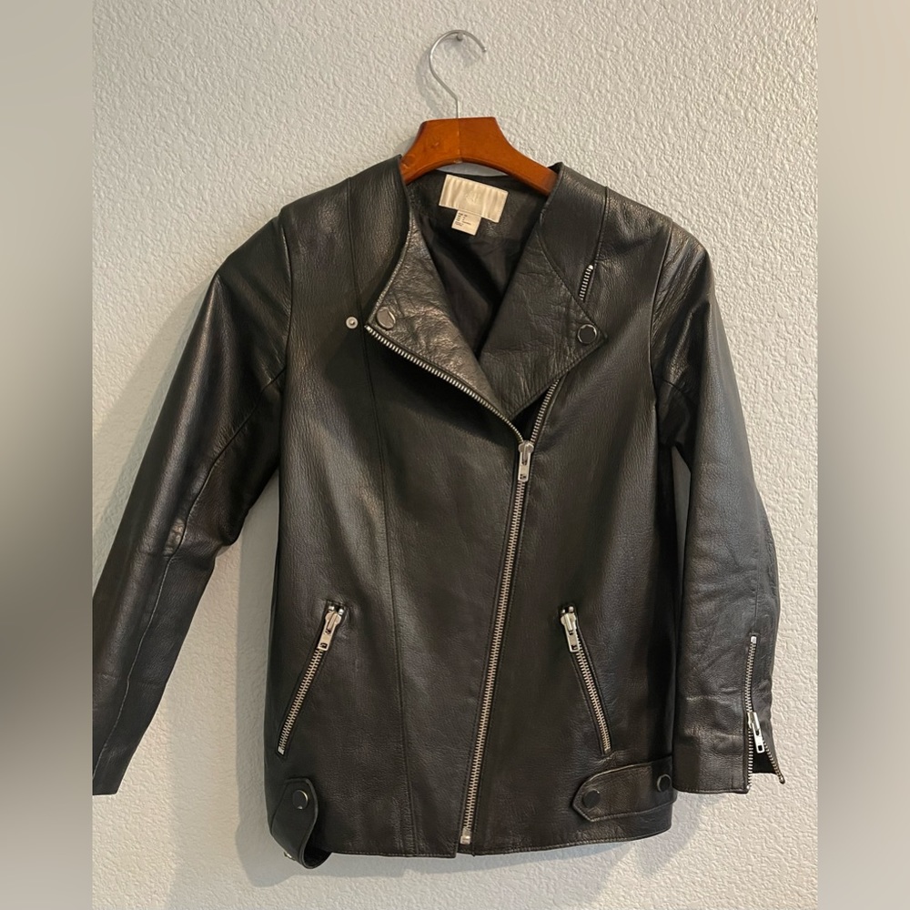 H&M Studio Premium Black Real Leather Moto Biker Jacket Size 4